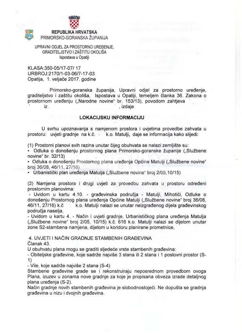 Zemljište Na prodaju - PRIMORSKO-GORANSKA  MATULJI 